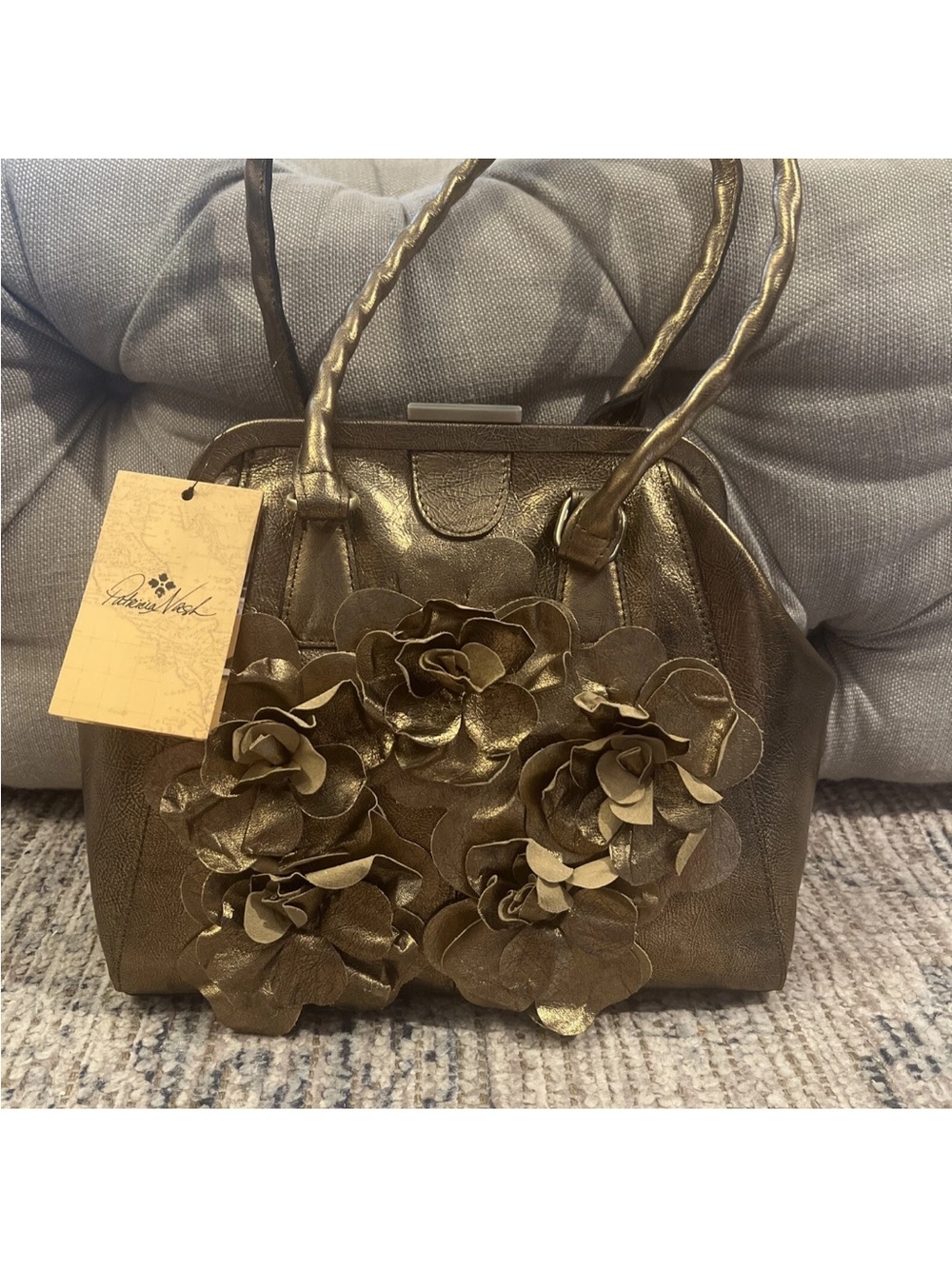 Patricia Nash Women’s Floral Appliqué Metallic Bronze Handbag 13x12  dust bag